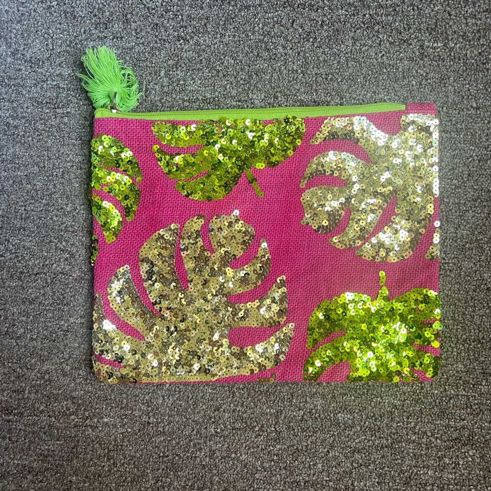 Pink and green palm trees sequin glitter linen mud pie beach pouch